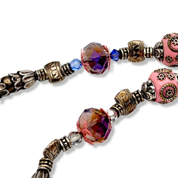 22" Pink Wedding Cake Embossed Enamel Beaded Statement Necklace Watermelon Beads - Picture 8 of 12